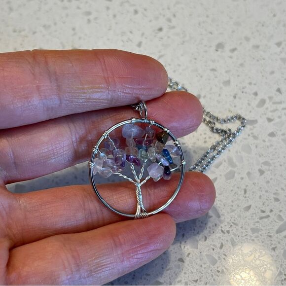 Crushed Stone Silver Color Tree Of Life Necklace - Picture 6 of 9